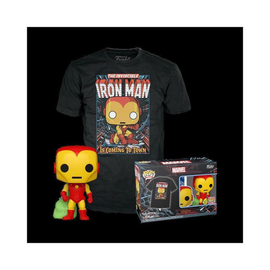 Funko Pop! och T-shirt (Vuxen): Marvel - Holiday Iron Man (Glöder i Mörkret)